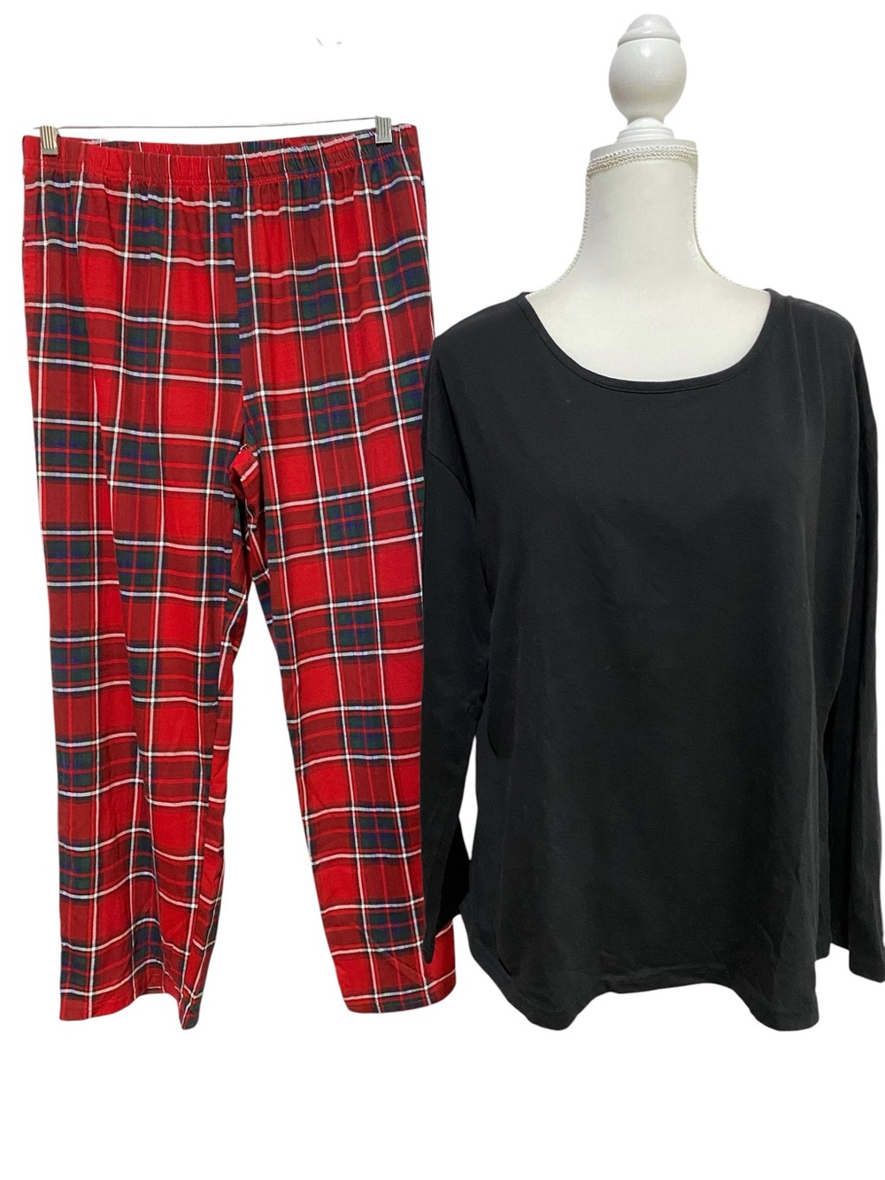 Black Long-Sleeve Top with Red Plaid Pajama Pants Set
